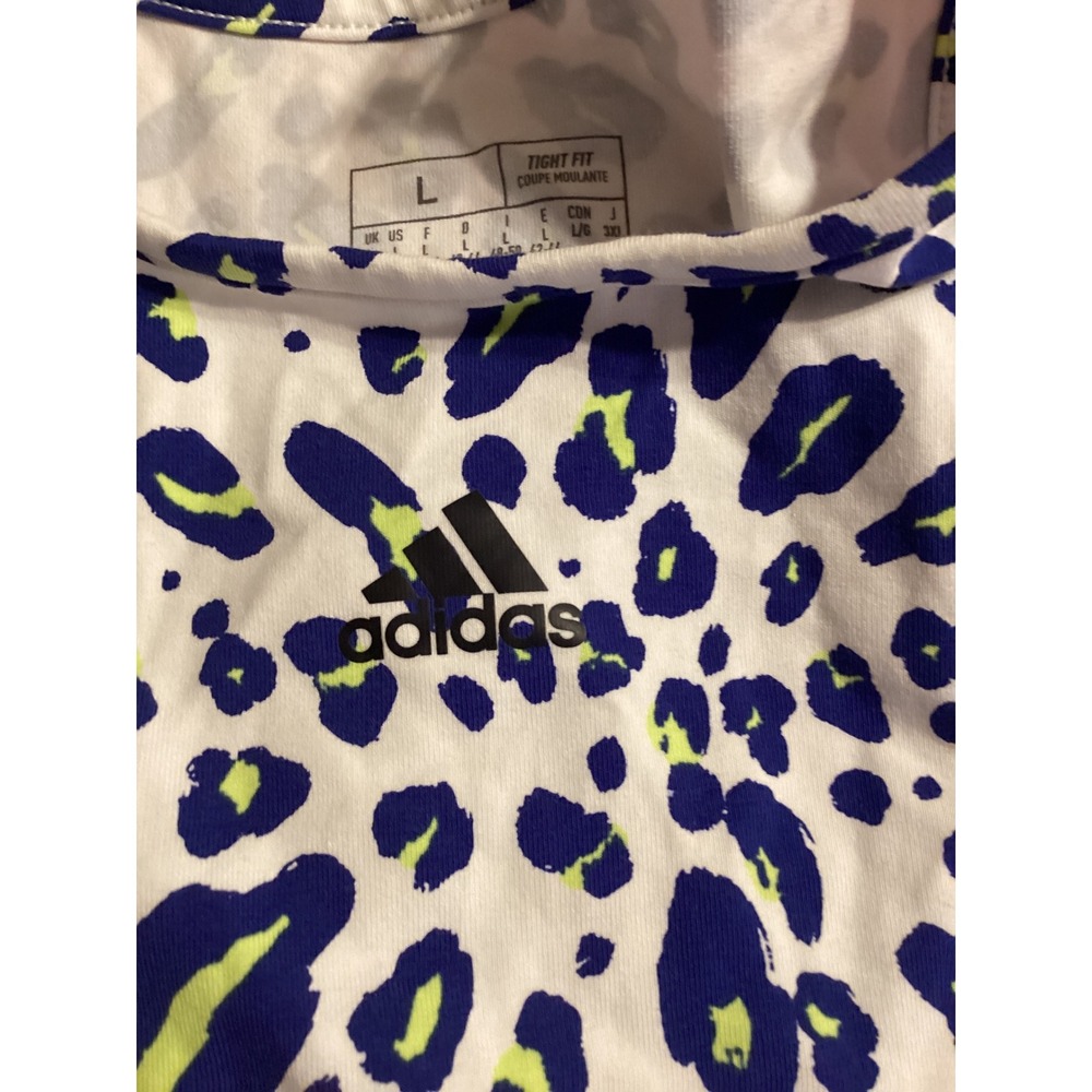 Adidas Animal Crop Tank Womens Large Blue Neon Leopard Print Top NEW - Picture 3 of 7